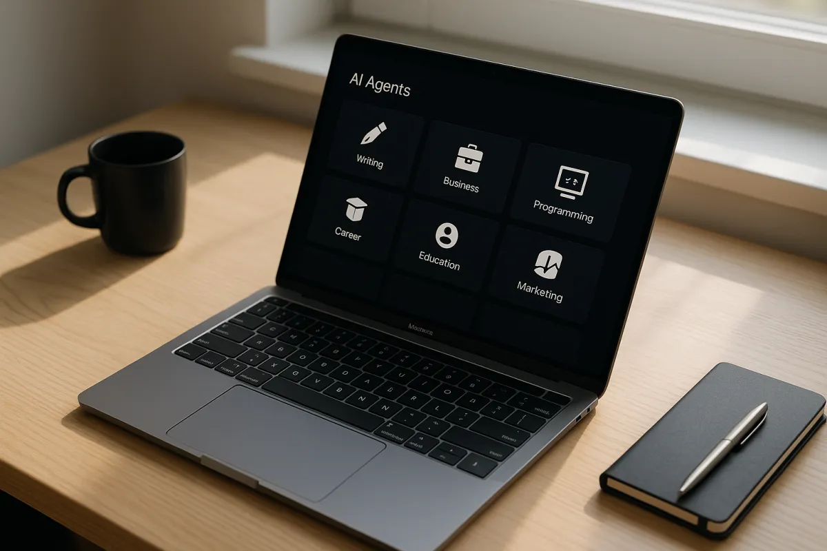 Laptop mostrando un panel organizado de agentes de IA en mosaicos por categorías.