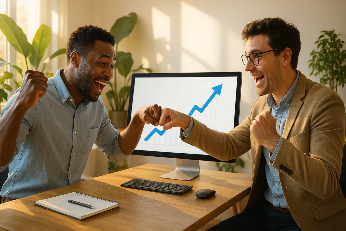 Dos emprendedores celebrando métricas de crecimiento