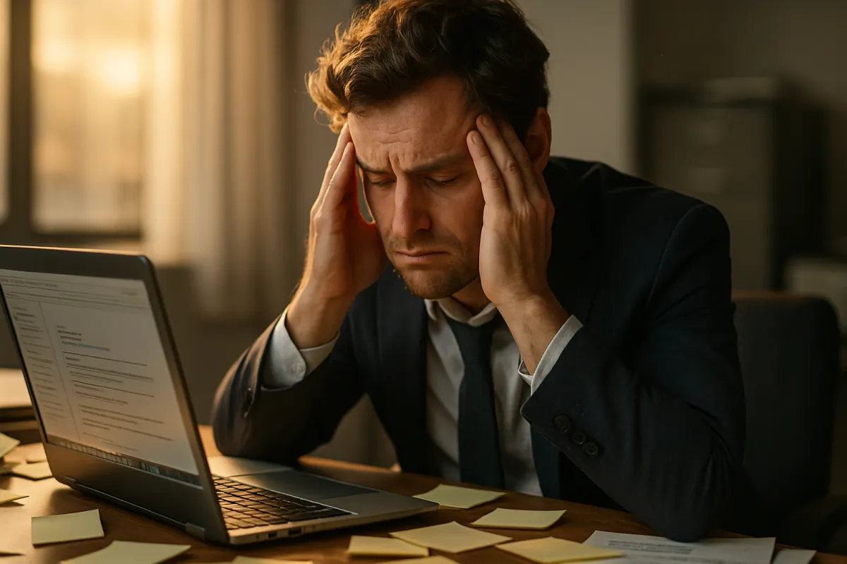 Emprendedor estresado en un escritorio desordenado, tarde, con múltiples tareas abiertas.