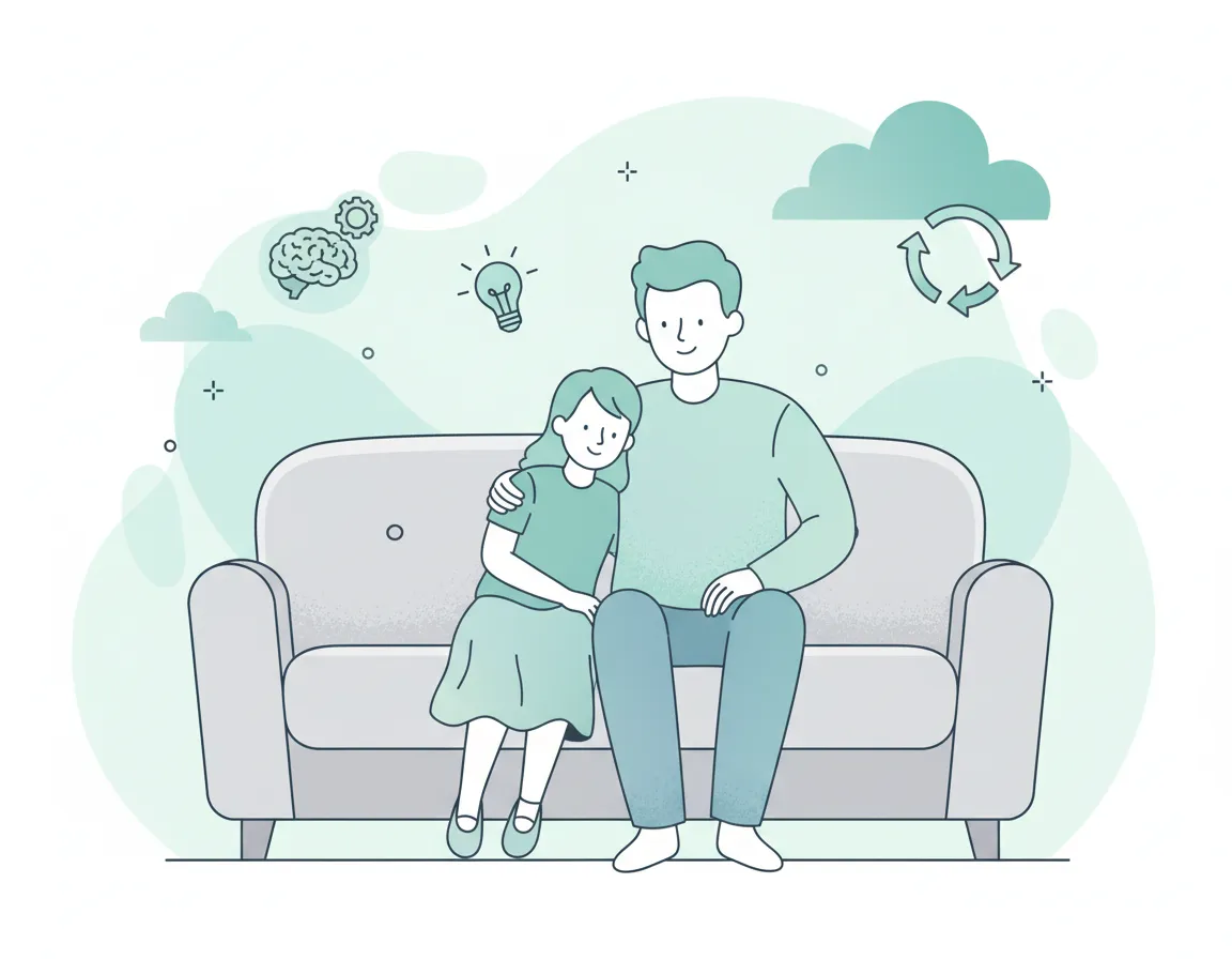 Illustration of a parent and child sitting together, talking calmly with abstract ADHD-friendly icons around them