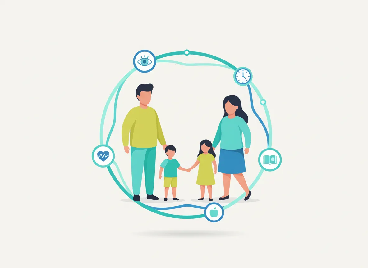 Playful illustration of a diverse family surrounded by icons representing focus, routines and emotional support
