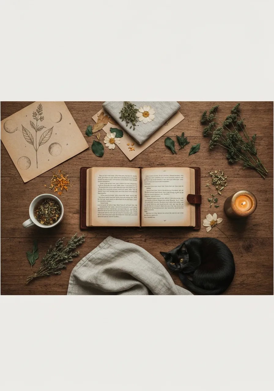 A cozy witch's workspace with an open botanical journal, a warm cup of tea, and a resting black cat