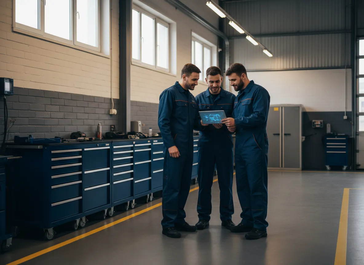 Shop team conducting morning huddle