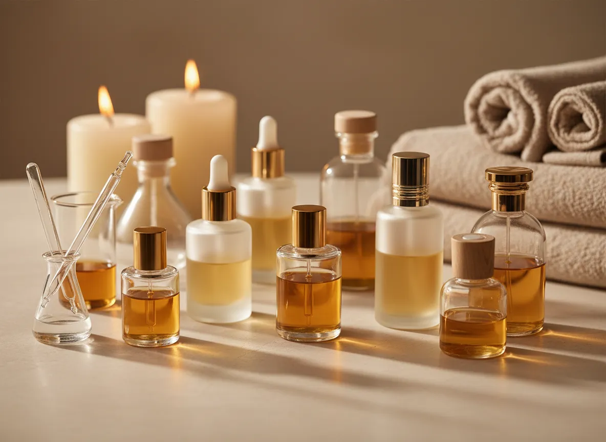 Luxurious fragrance bottles and blending oils in a spa setting