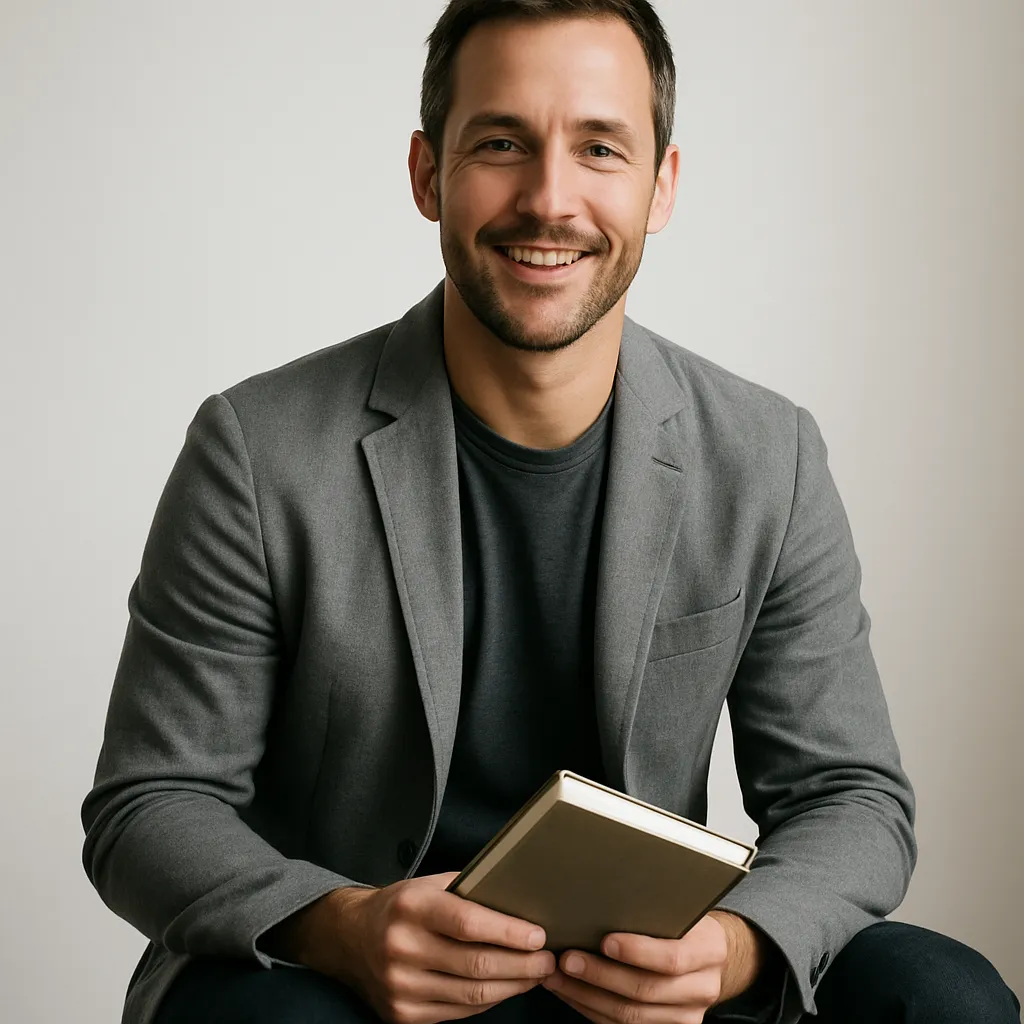 Founder portrait: confident coach in late 30s, smiling, casual blazer, notebook, clean studio background.