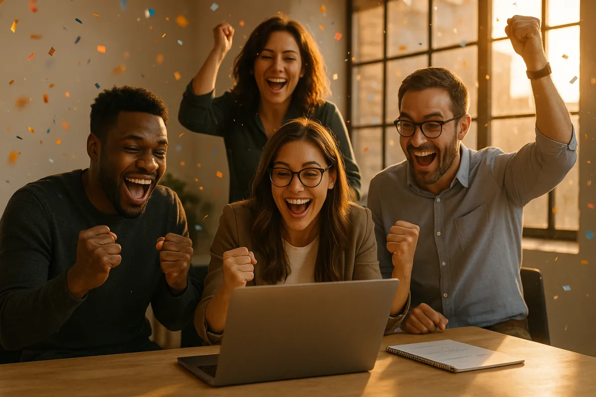 Wide shot of a small coaching team celebrating at a laptop with confetti, warm evening light, photorealistic modern style depicting momentum and measurable success after launching a membership.