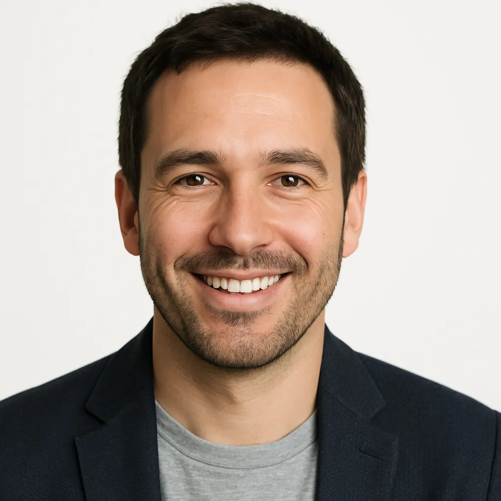 Close-up avatar of a male member, late 30s, casual blazer, warm smile, studio-cropped 1:1 format.