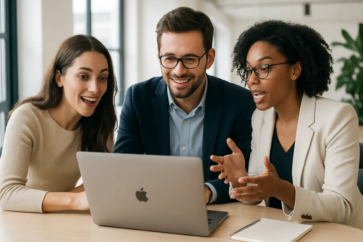 Three entrepreneurs collaborating around a laptop in a bright coworking space, photorealistic modern style.