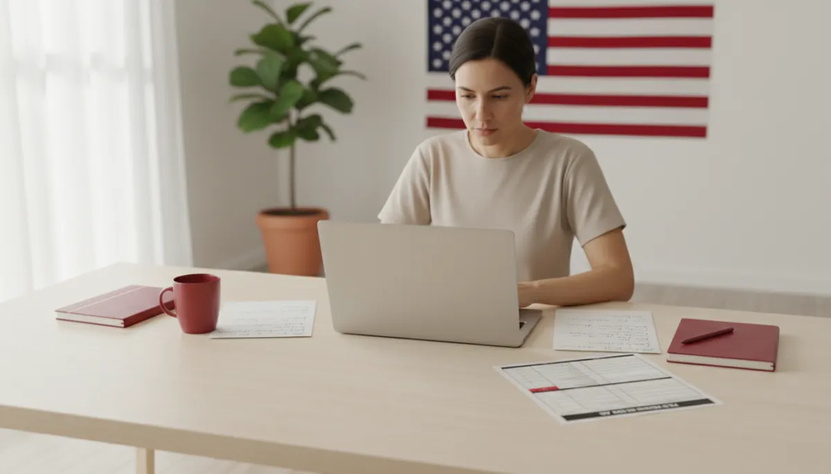 Pessoa estudando sobre mudança para os Estados Unidos em laptop com visual clean e moderno