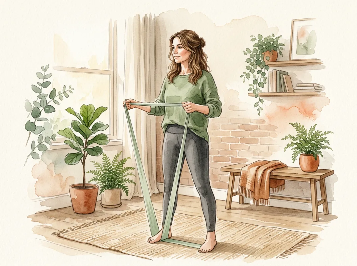 Watercolour illustration of a contemporary midlife woman (40–55) doing gentle strength/mobility work