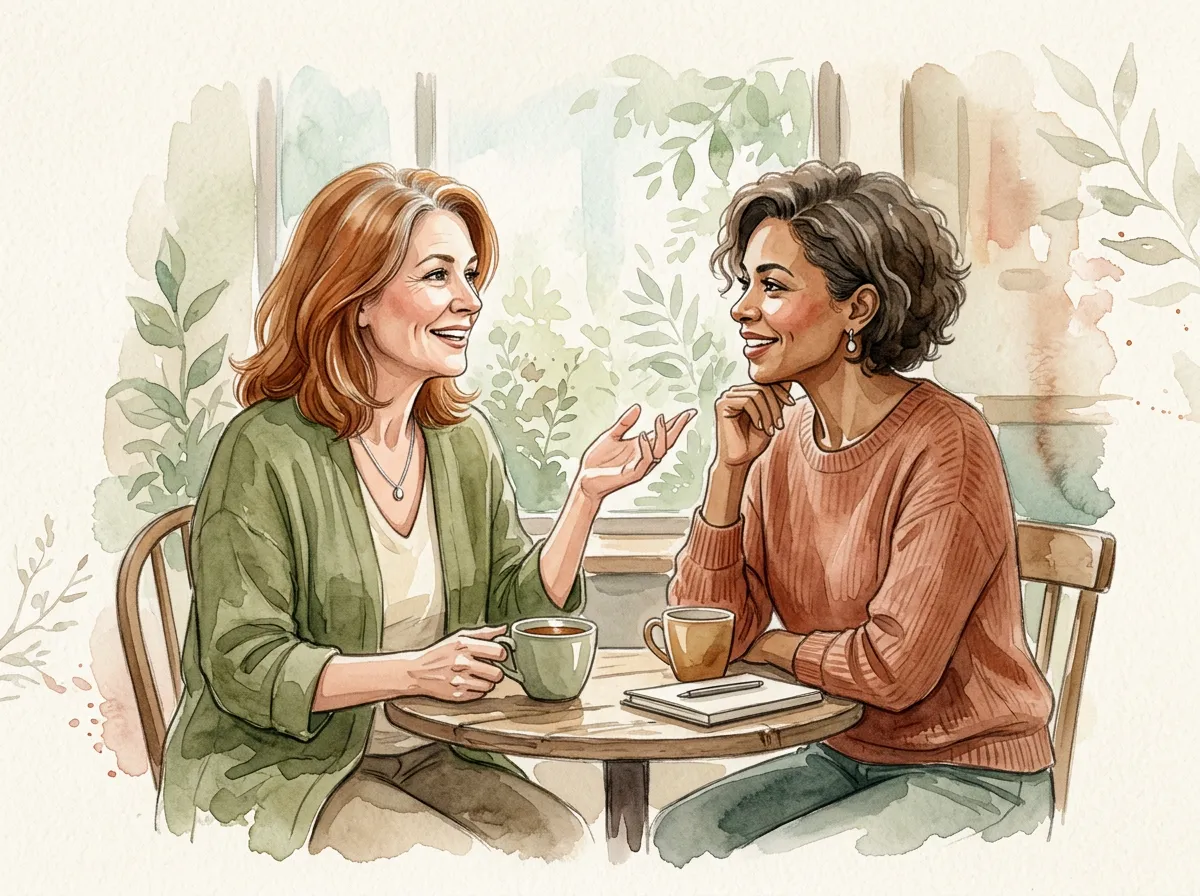 Soft editorial watercolour illustration of two contemporary midlife women (40–55) in an engaged, intelligent conversation