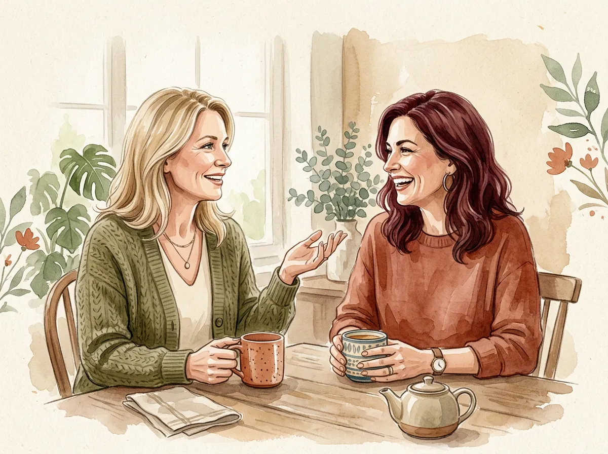 Watercolour illustration of two contemporary midlife women (40–55) in relaxed conversation