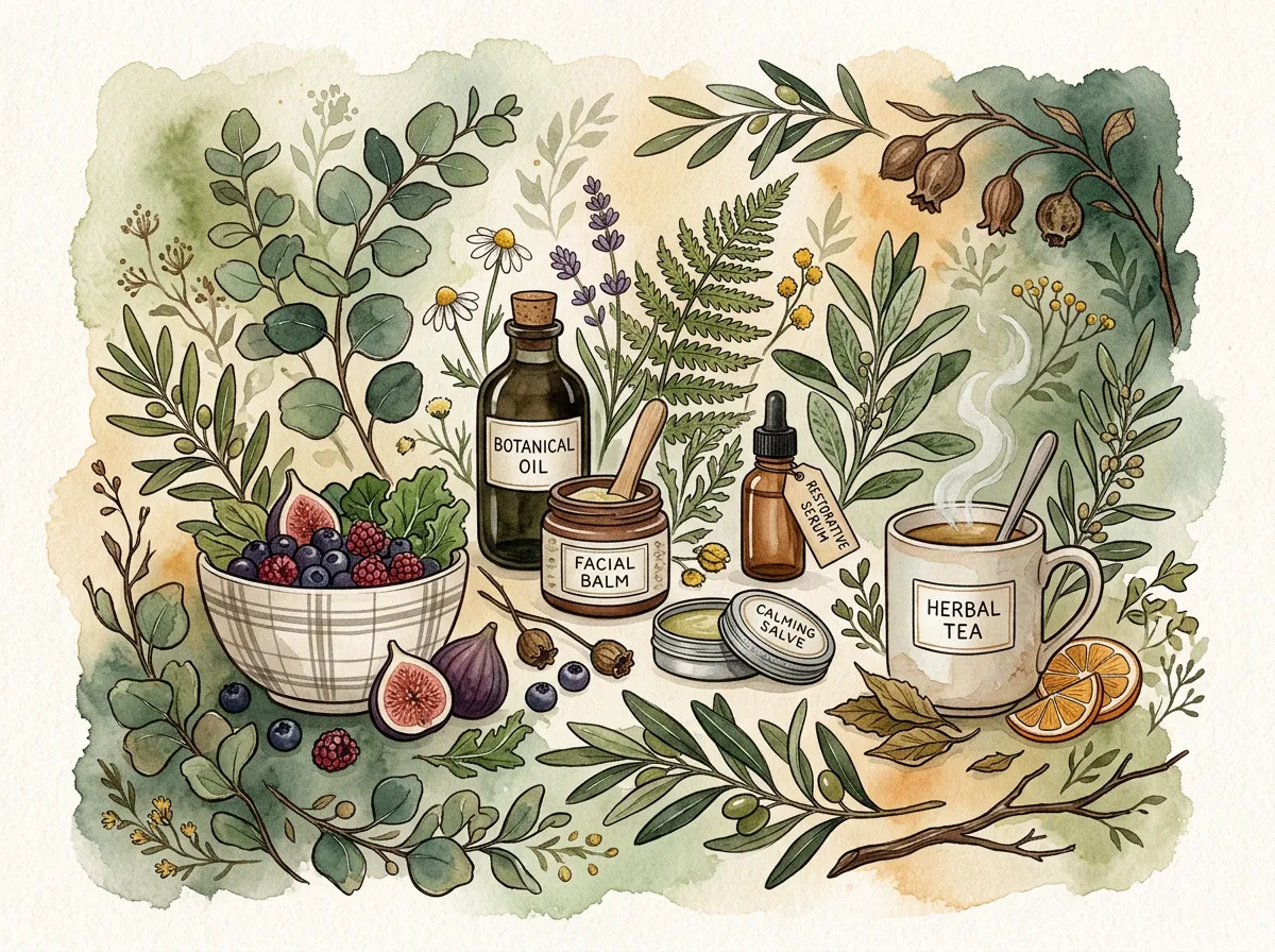 Botanical self-care watercolour scene with natural nourishment and restorative wellbeing cues