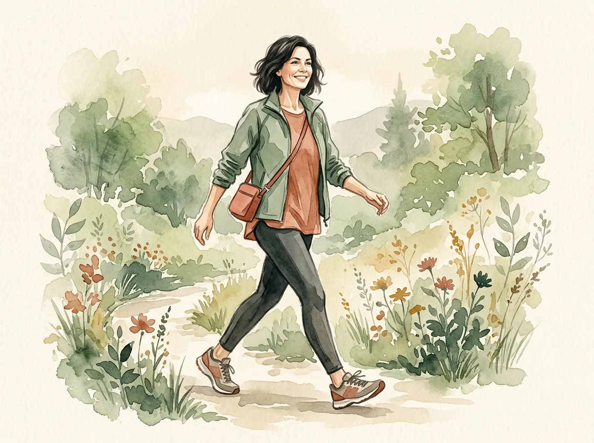Soft editorial watercolour illustration of a contemporary midlife woman (40–55) moving confidently
