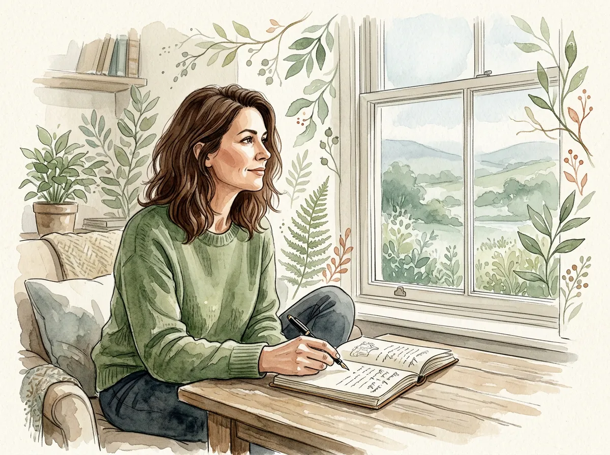 Editorial watercolour illustration of a thoughtful contemporary midlife woman (40–55) in a reflective transitional moment