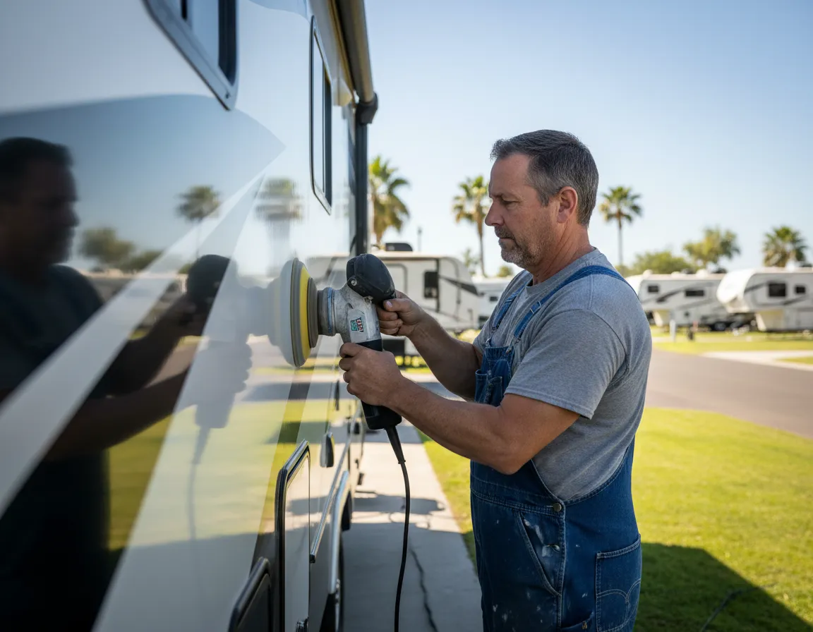 RV detailer polishing the side of a fifth wheel RV
