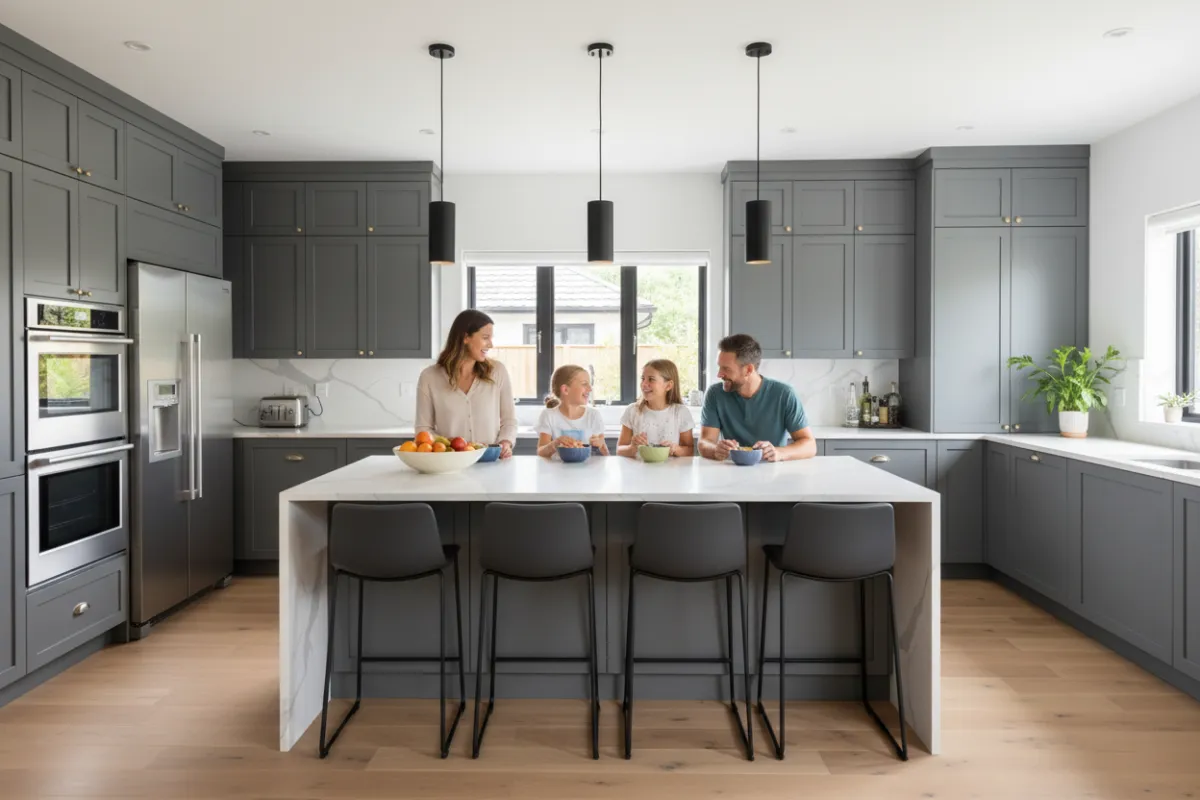 Contemporary kitchen in a suburban home with sleek gray cabinetry, quartz countertops, and pendant lighting. A family of four enjoys breakfast at a large island. Clean lines, modern appliances, and a cheerful, lived-in feel.