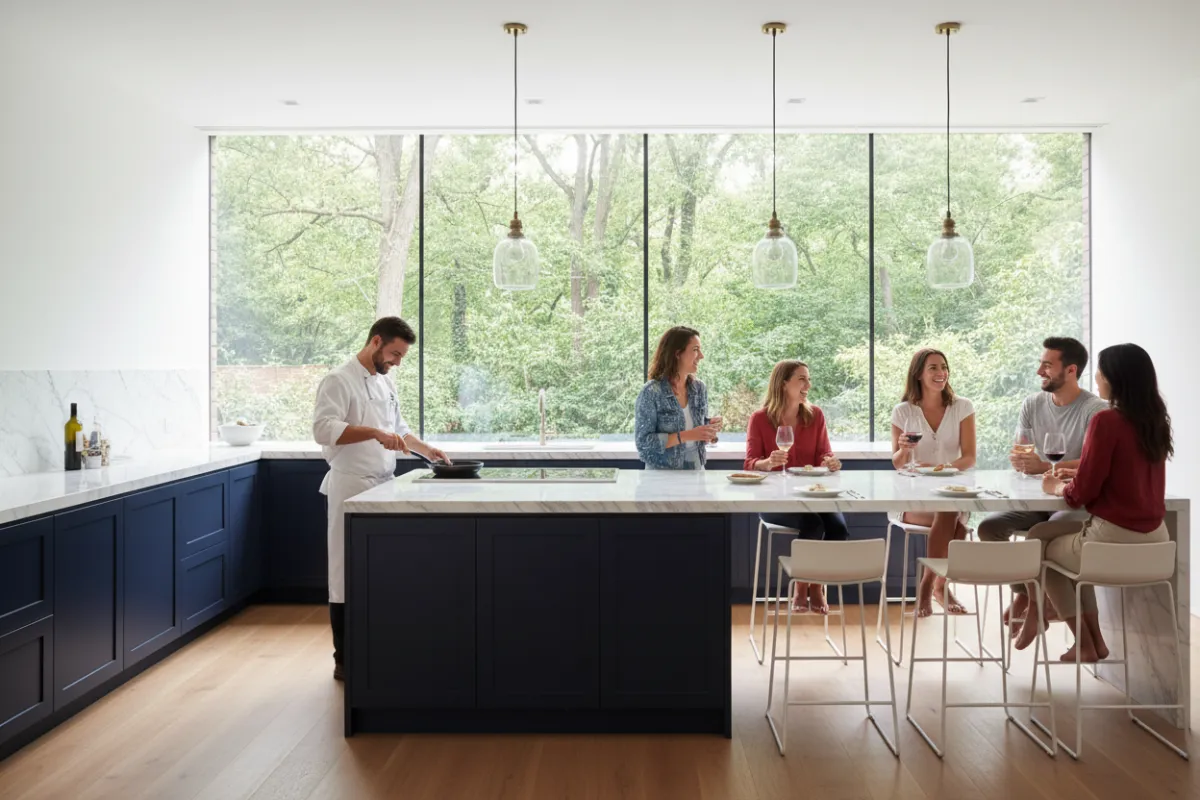 Open-concept kitchen with navy blue lower cabinets, white marble countertops, and a wall of windows overlooking a leafy Philadelphia backyard. A chef prepares a meal while friends gather at the breakfast bar. Airy, social, and elegant.