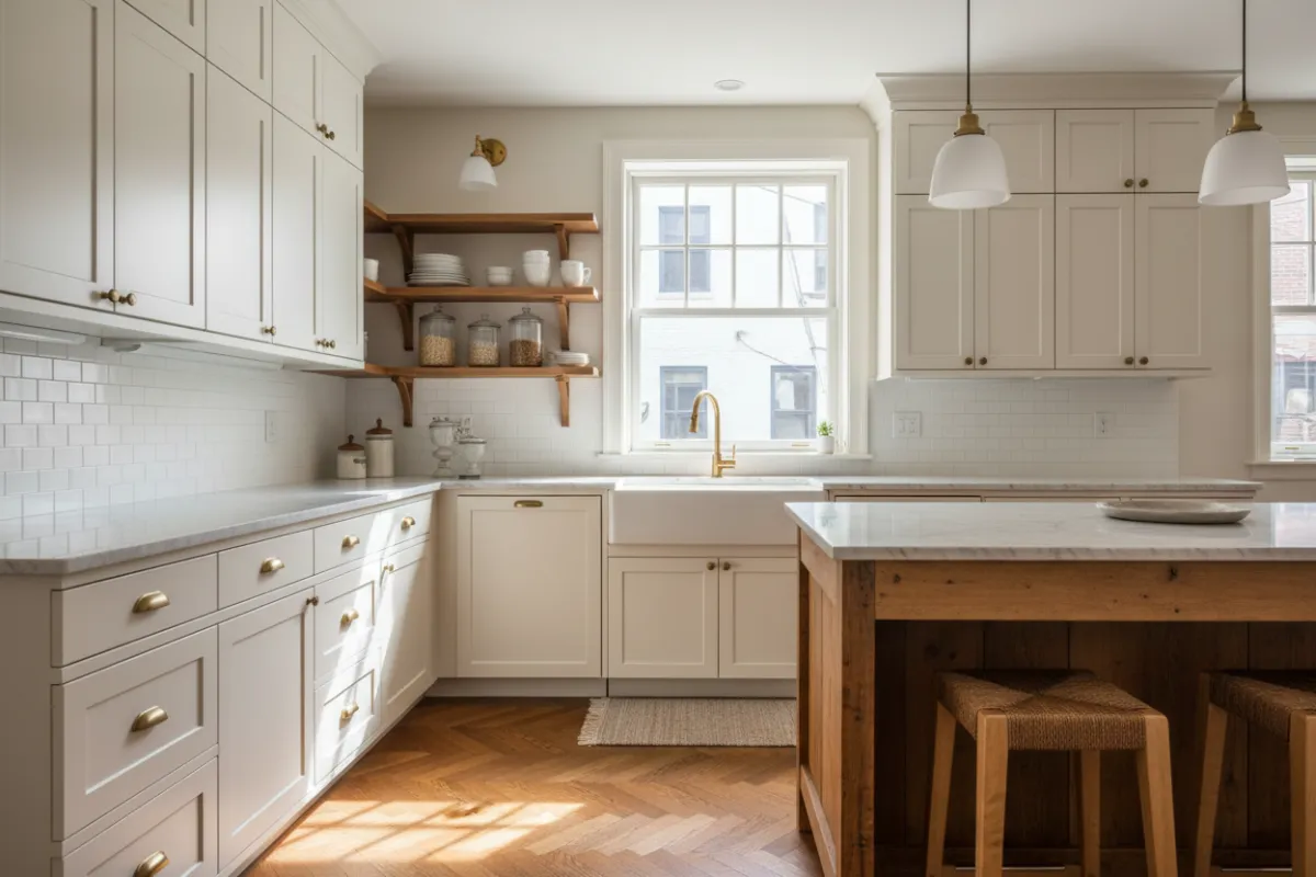 Classic kitchen remodel in a historic Philadelphia rowhome, featuring shaker cabinets, brass hardware, and a farmhouse sink. Sunlight highlights the herringbone wood floor and open shelving. Warm, inviting, and timeless design.