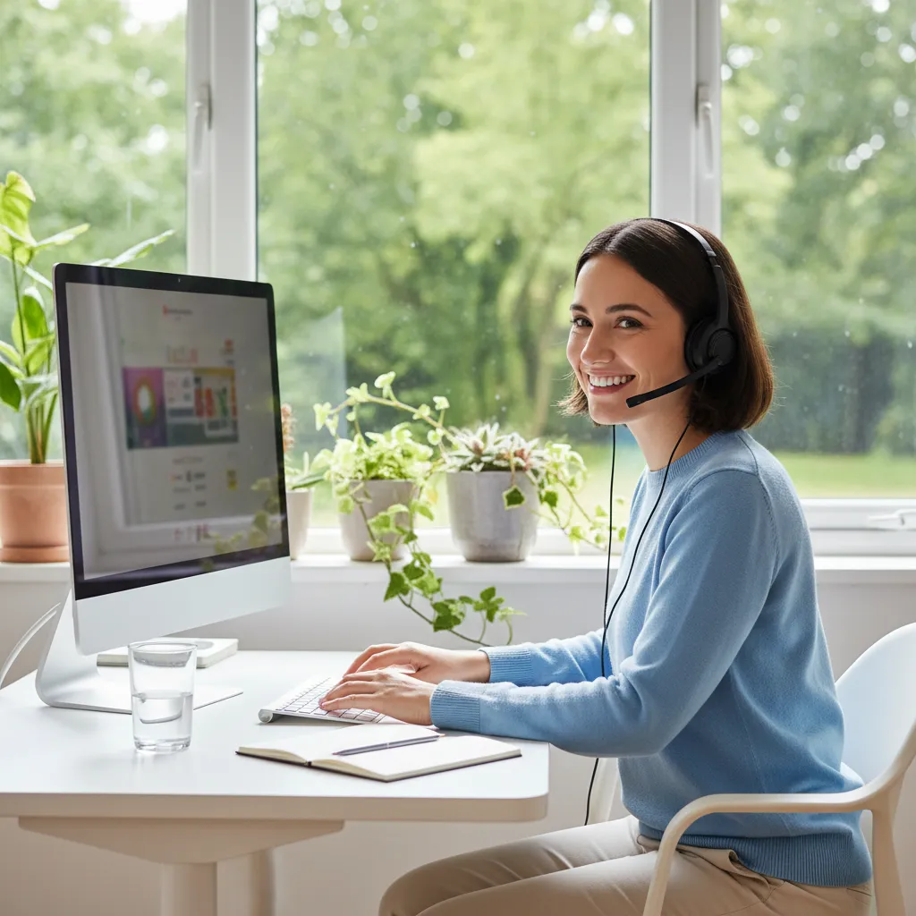 A cheerful customer service representative with a headset, seated at a desk in a bright home office, ready to assist. The background shows a window with greenery outside, and the representative is smiling, conveying approachability and prompt support.