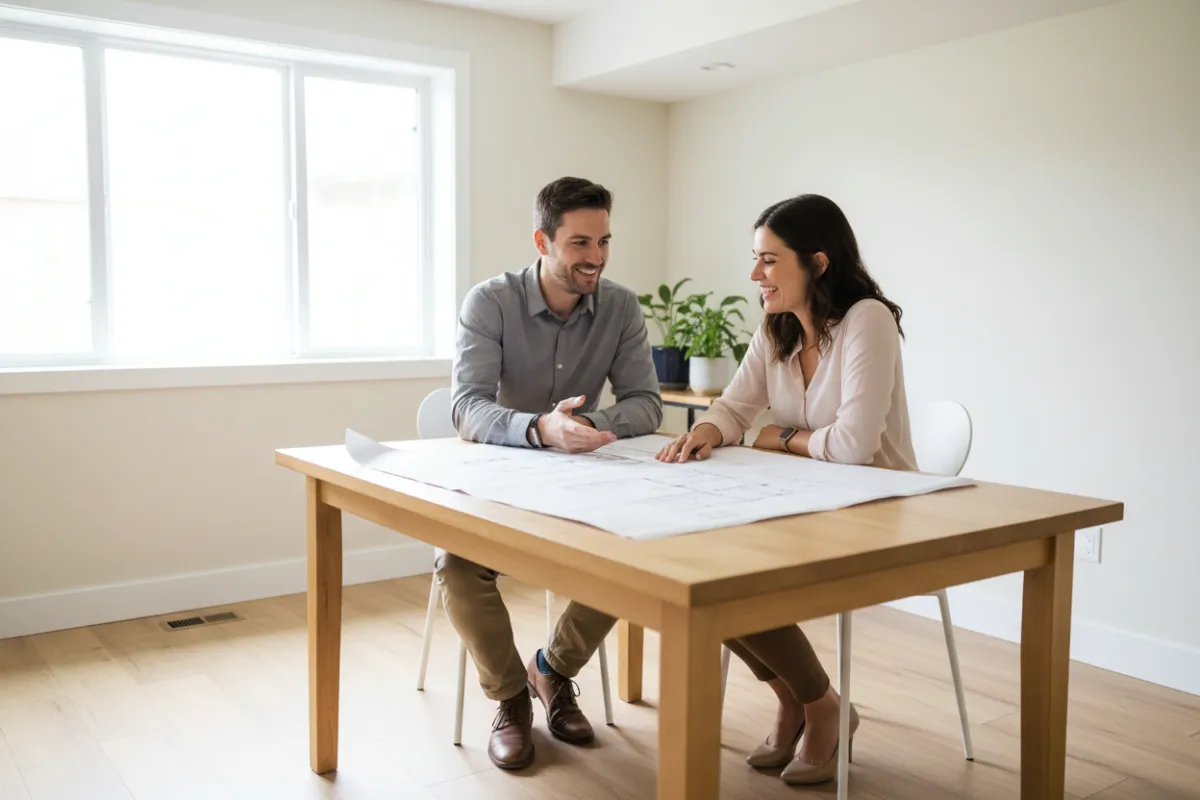 A friendly renovation consultant and a homeowner reviewing blueprints at a kitchen table in a bright, finished basement. The consultant gestures to plans while the homeowner smiles, both appearing engaged and optimistic about the project.