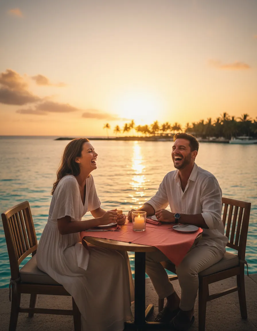 Couple laughing and enjoying a local waterfront dinner at sunset