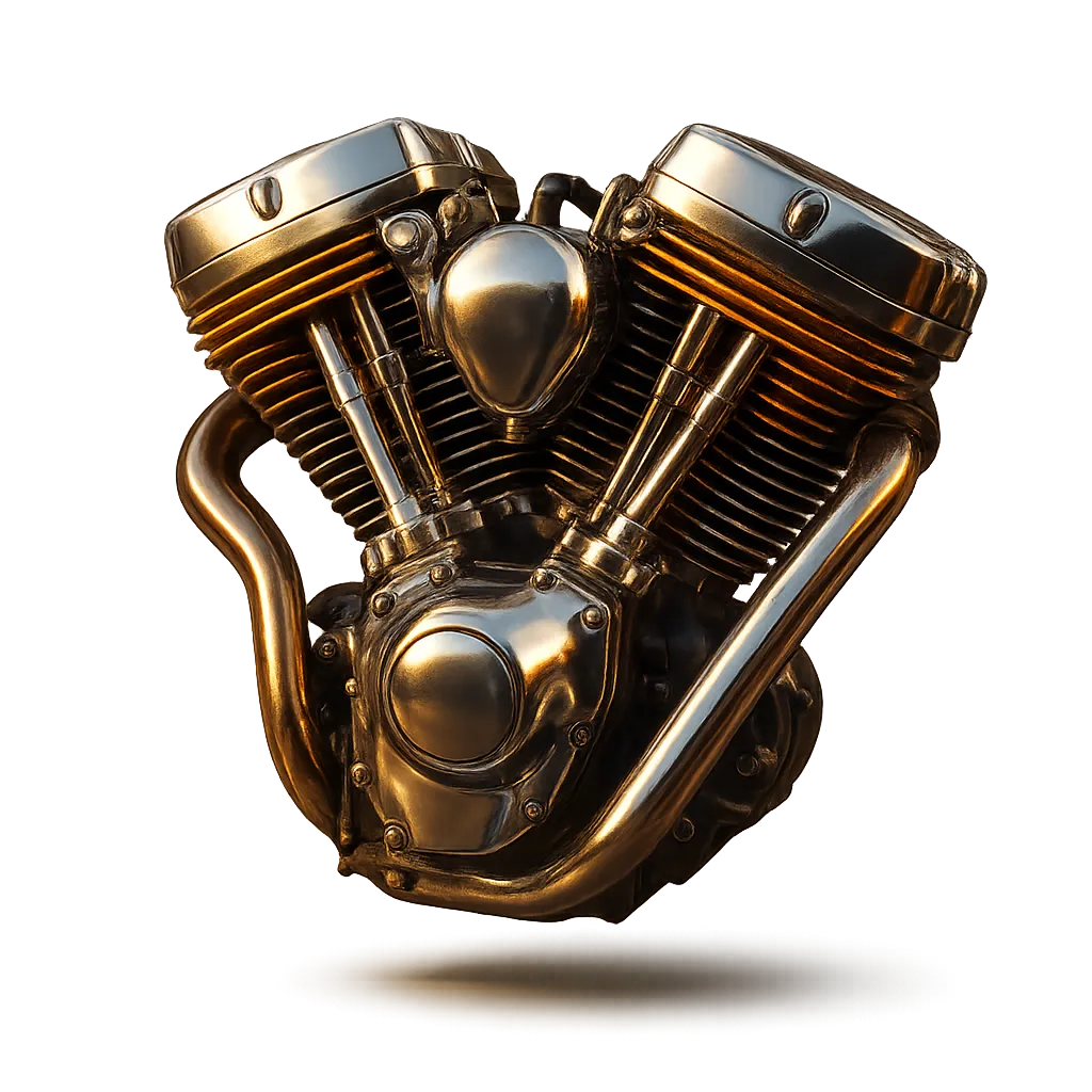 Floating 3D render of a chrome V-twin engine part