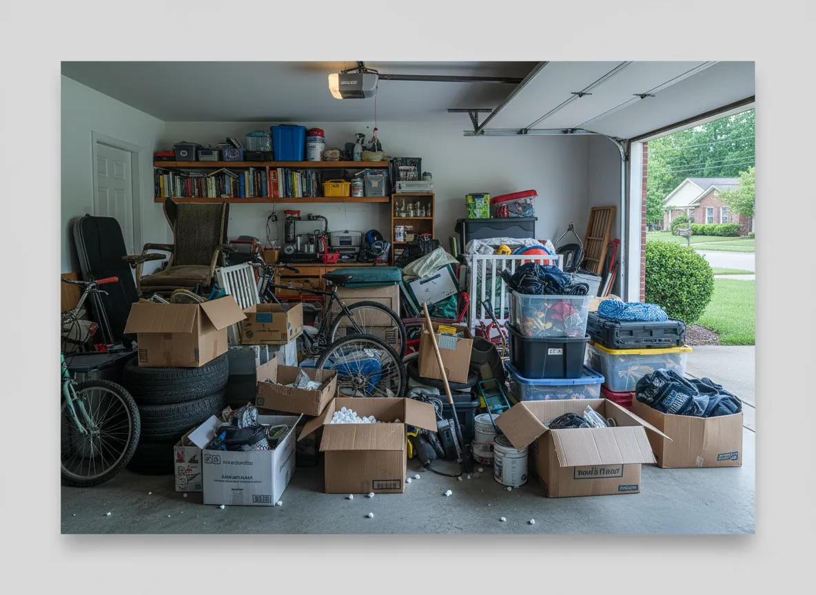 Cluttered garage before cleanout