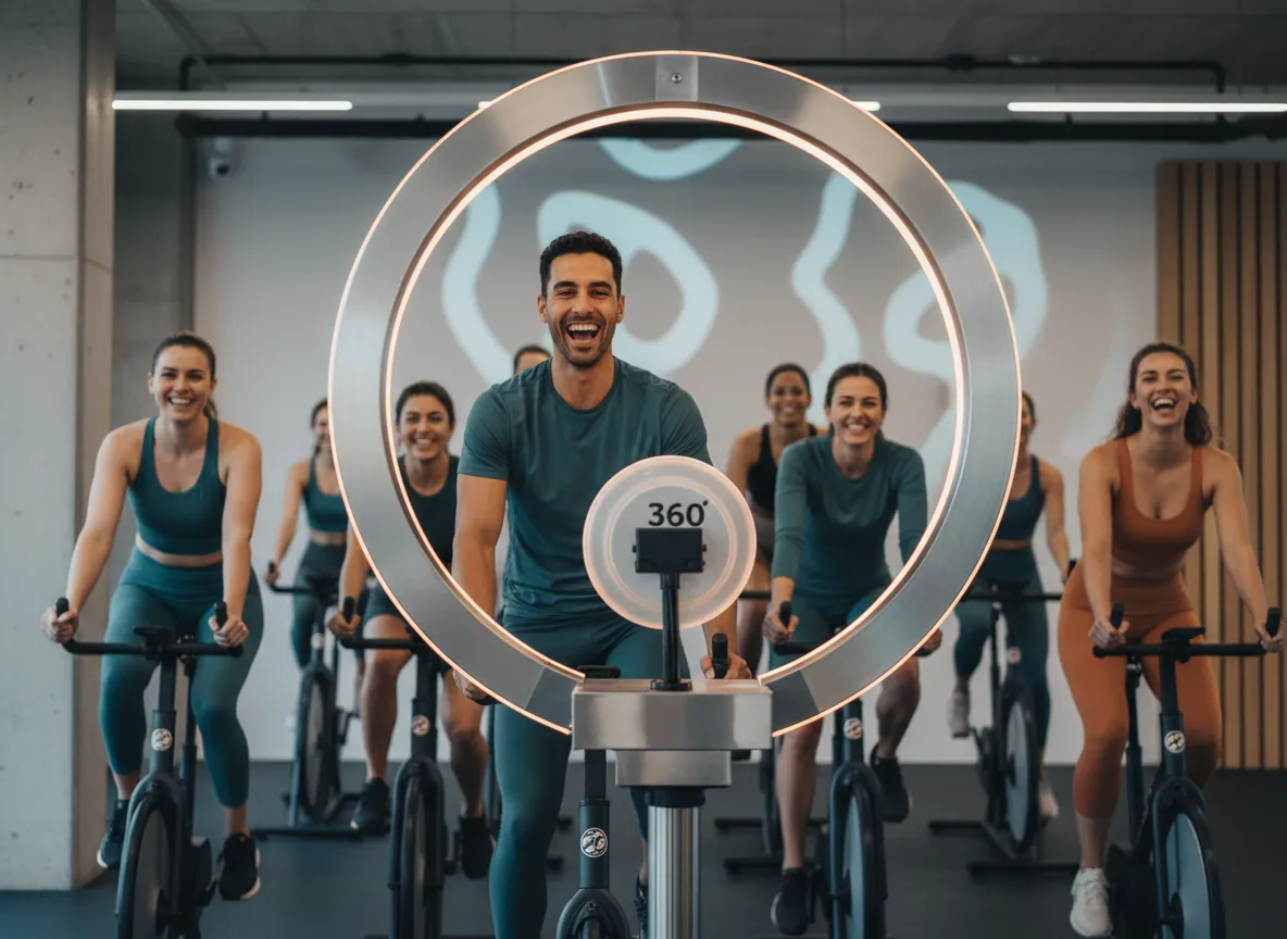 Members using a 360 photo booth bike in a gym setting