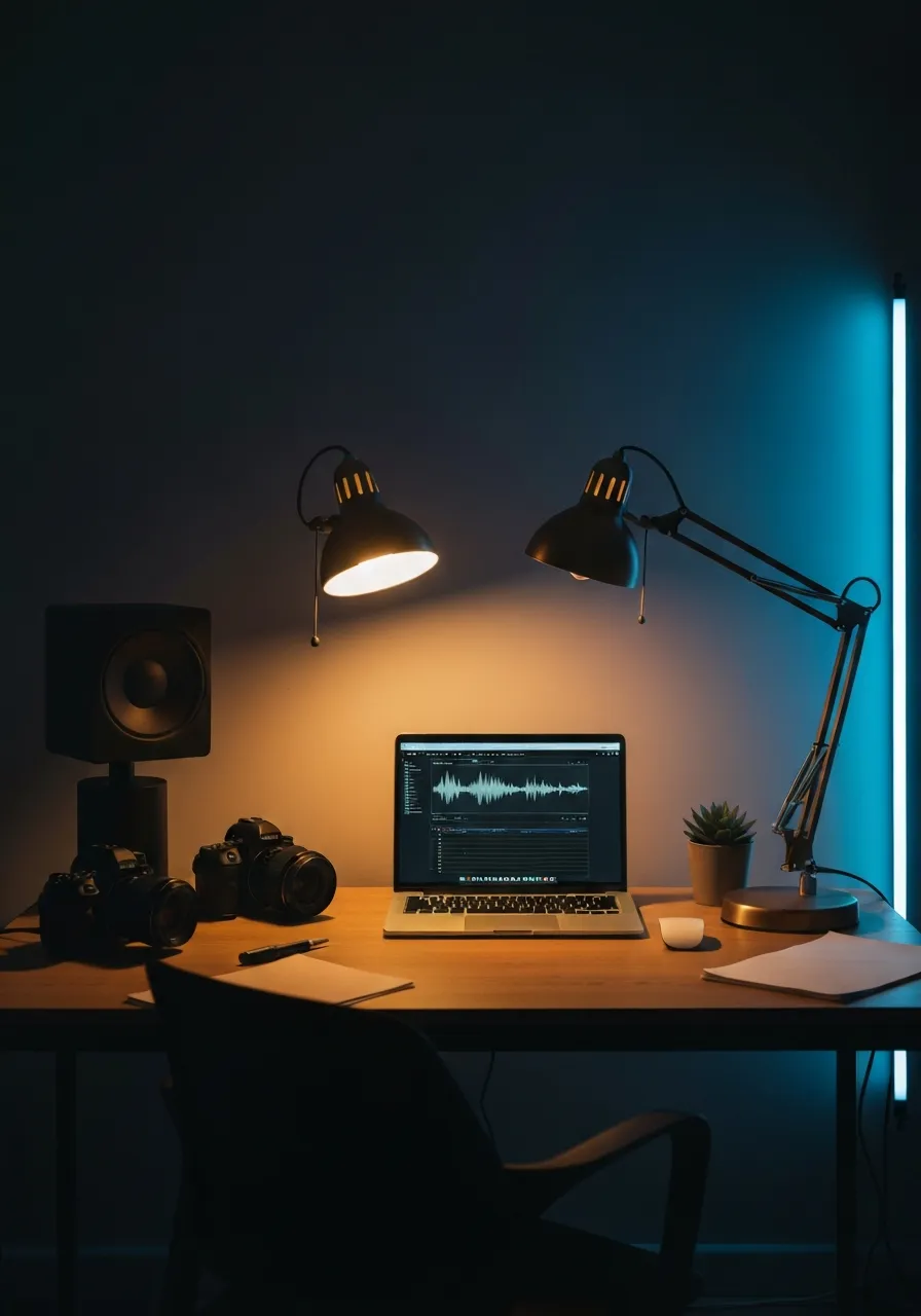 A modern media workspace with glowing screens, symbolizing the creation of Christian digital content