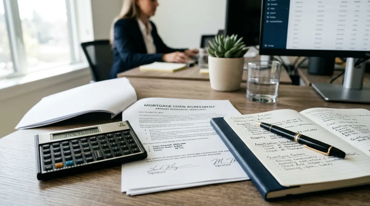 Financial calculator and paperwork on office desk