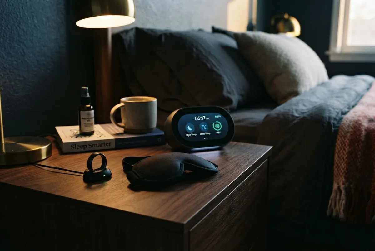 Optimized bedroom environment featuring bio-tracking sleep metrics and recovery gear