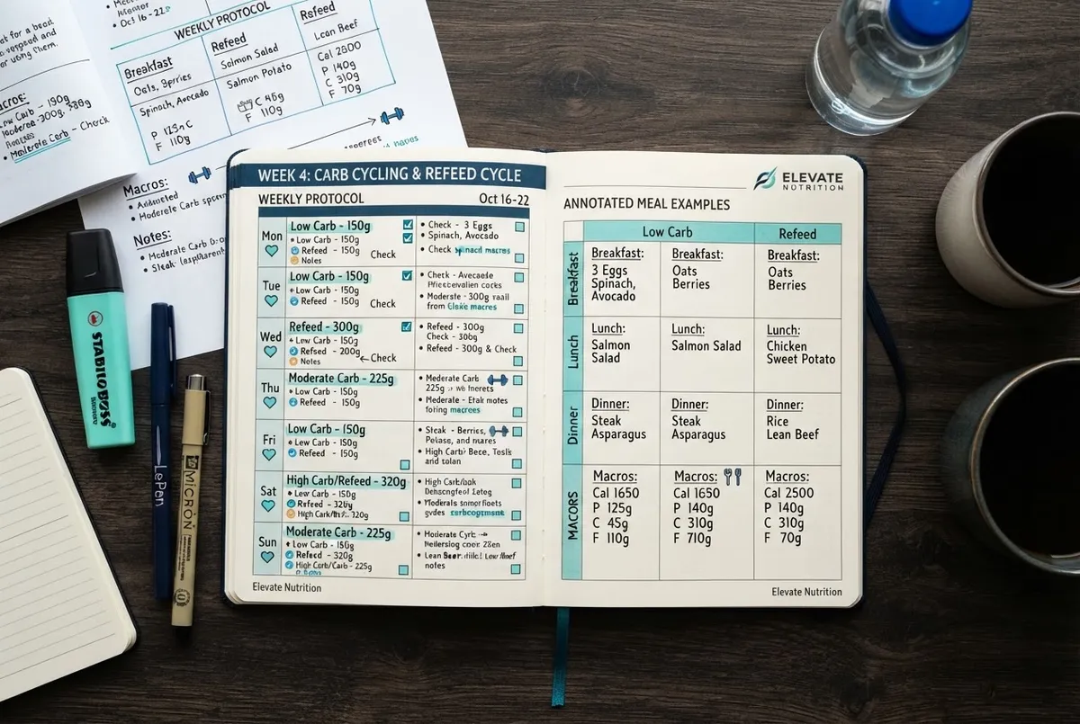 Detailed carbohydrate cycling and metabolic refeed protocol planner