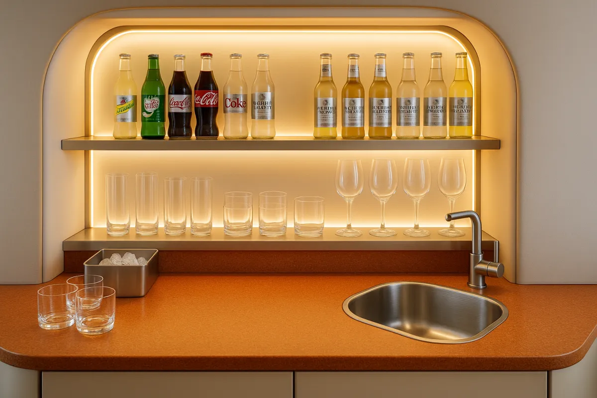 Onboard bar with illuminated shelving, stocked mixers, and glassware