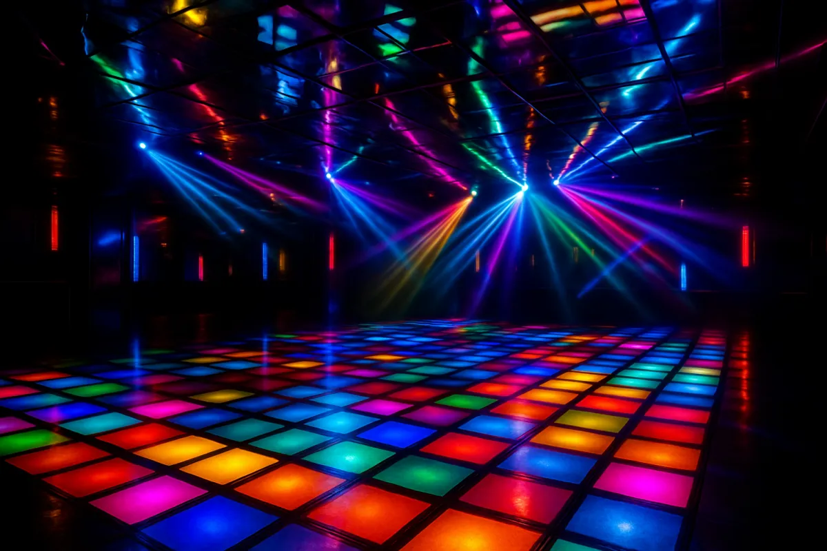 LED dance floor with multicolor panels and dynamic lighting