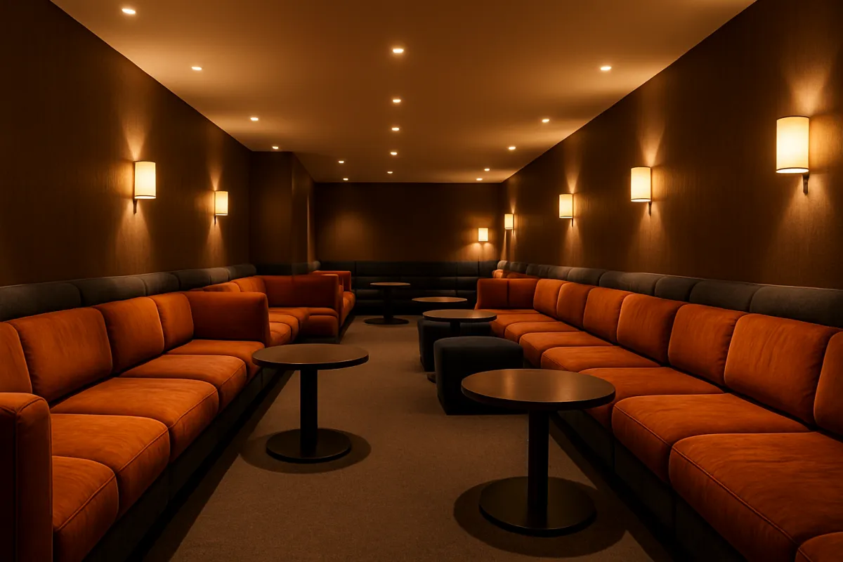 Interior lounge seating with plush wraparound upholstery and warm lighting
