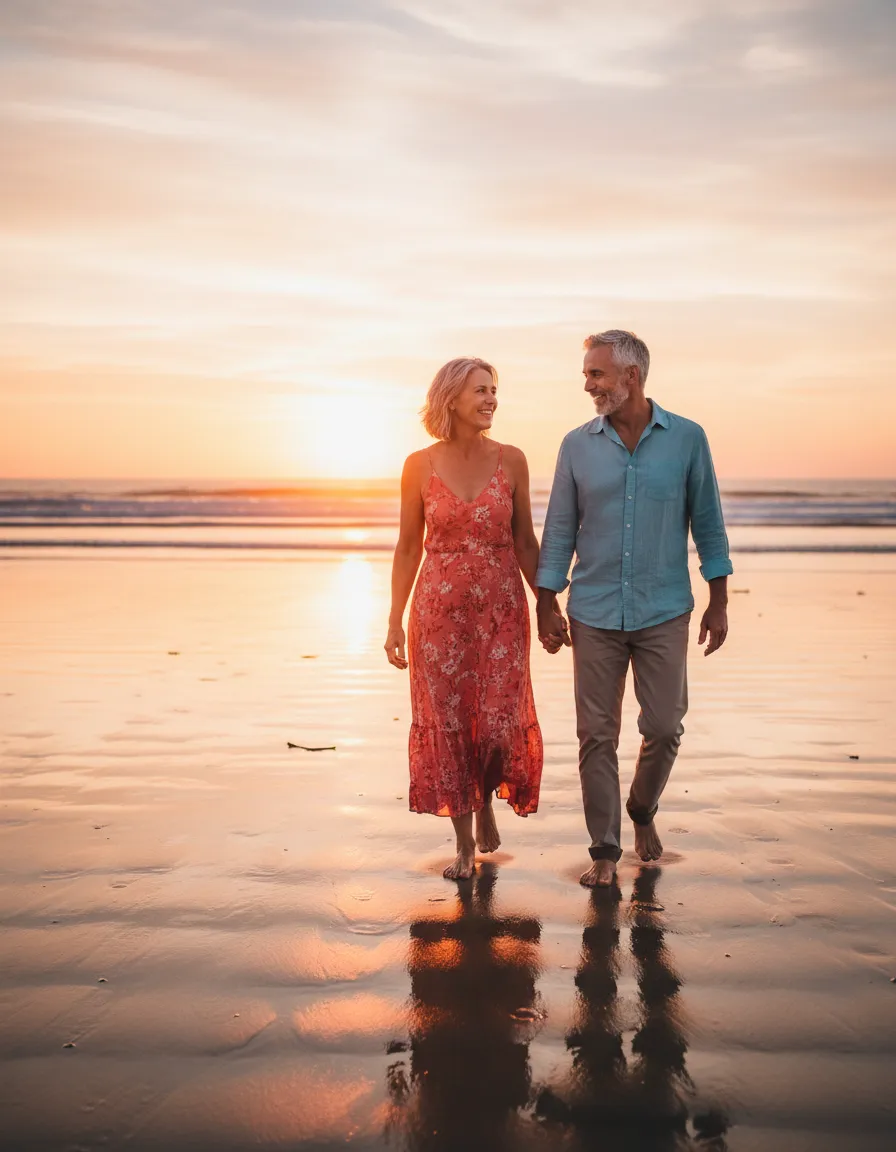 Mature couple smiling warmly, showing emotional connection
