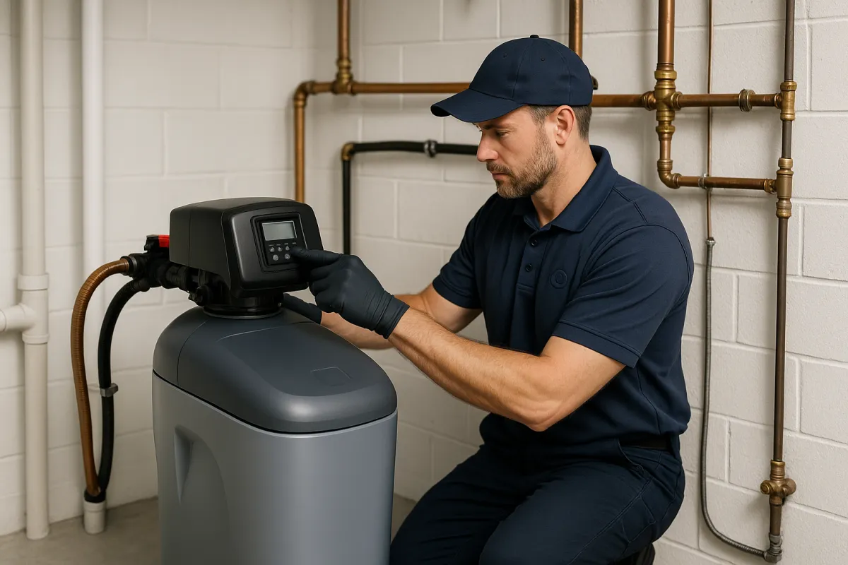 Technician installing a residential water softener with calibrated equipment and plumbing connections in a clean utility room.