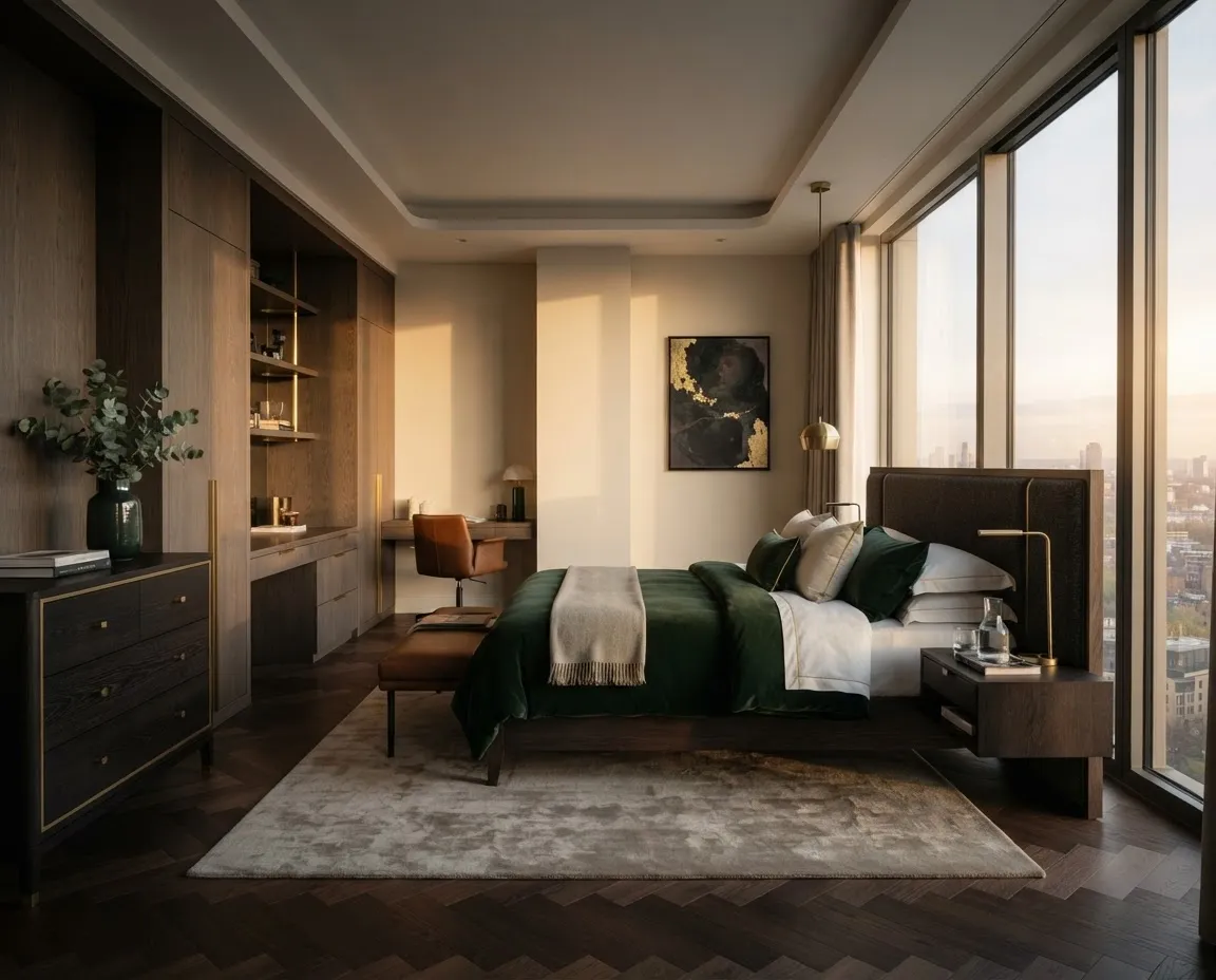 Architectural view of The Executive Suite featuring warm white-oak millwork, expansive windows, and a bespoke king bed