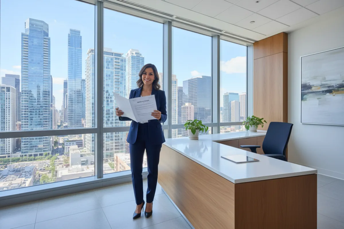 A confident, diverse businesswoman in a modern office, holding a mortgage document, with city skyline visible through large windows. The image is bright, professional, and welcoming, evoking trust and expertise.
