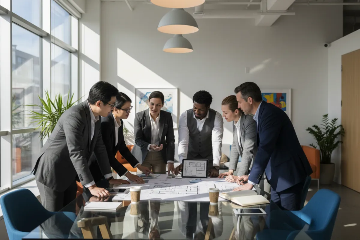 A group of professionals—diverse in age and ethnicity—collaborating around a glass conference table, reviewing real estate plans. The setting is a sunlit, open office with modern decor, conveying teamwork and expertise.