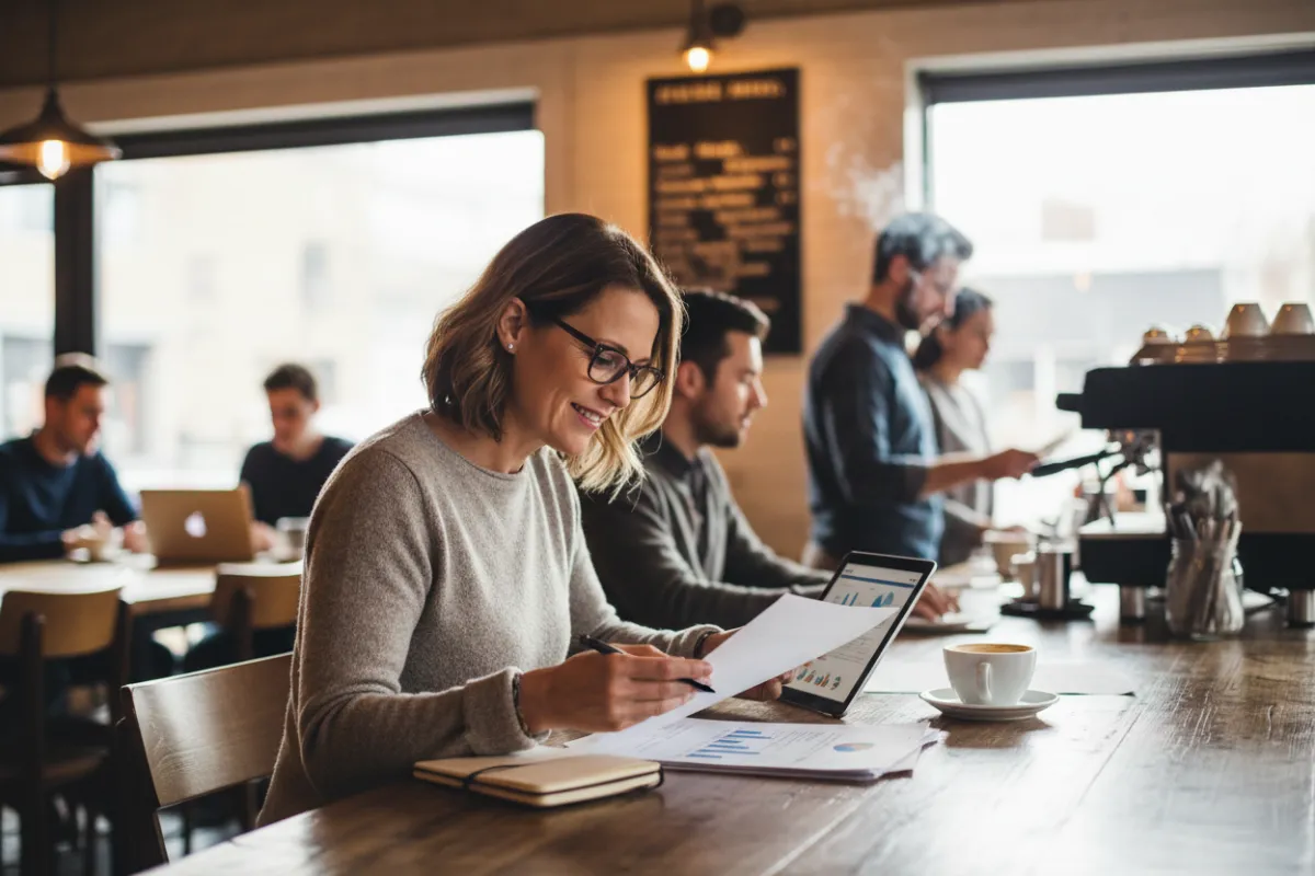 A small business owner, mid-30s, reviewing financial documents in a cozy, modern café. The background features customers and a barista, creating a lively, entrepreneurial atmosphere. The image is candid and optimistic.