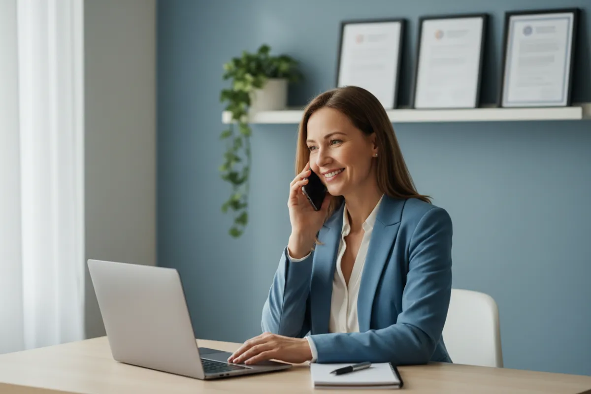 A friendly mortgage advisor, early 40s, speaking on the phone at a desk with a laptop and notepad. The office is bright and organized, with a plant and framed certificates in the background. The mood is approachable and professional.