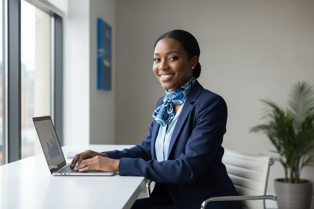 An African American woman working confidently in a modern office with blue-accented décor, reviewing documents at her desk; clear, realistic photo matching the company's blue theme.