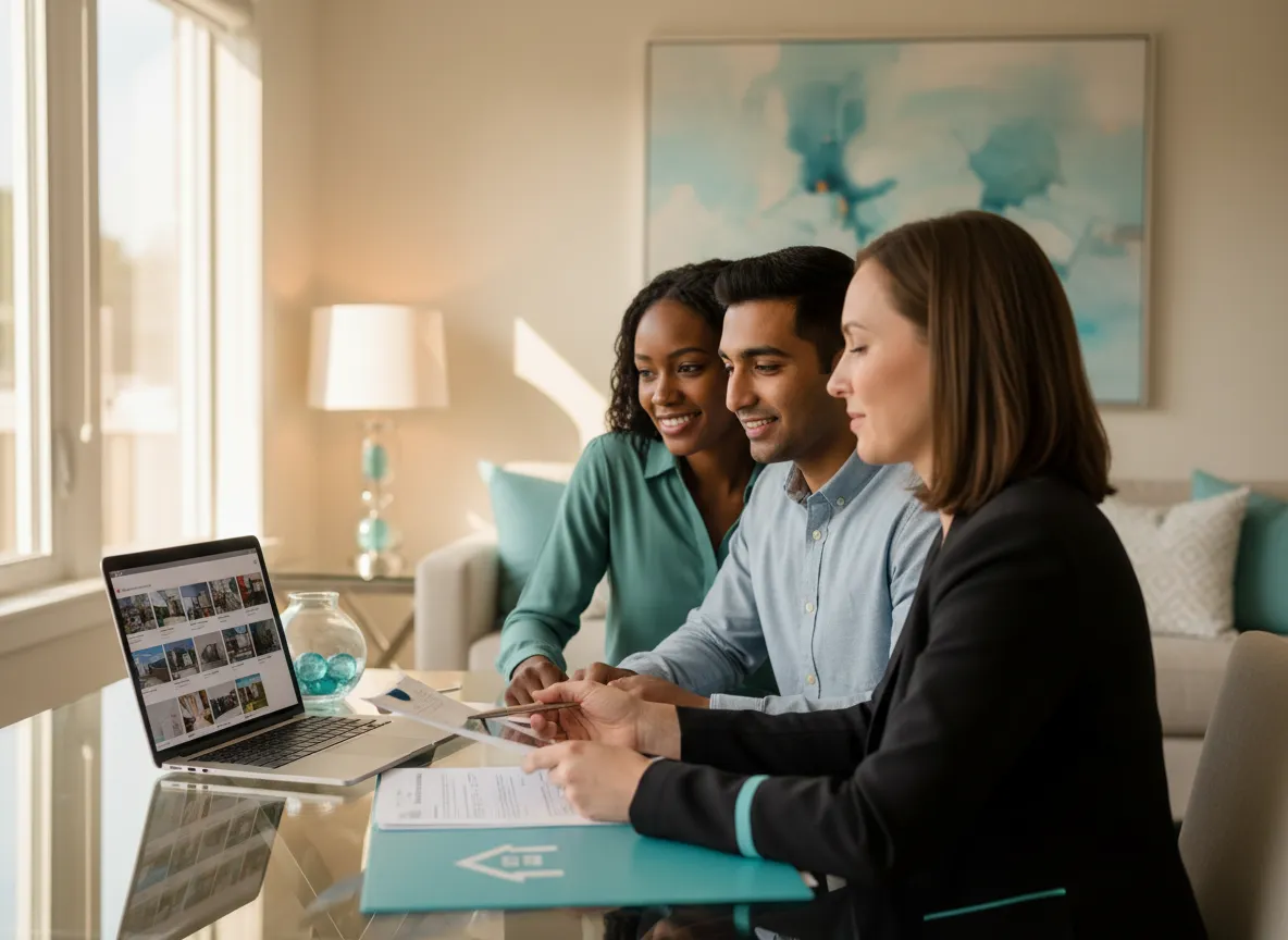 Smiling couple reviewing mortgage options with an advisor in a bright modern office