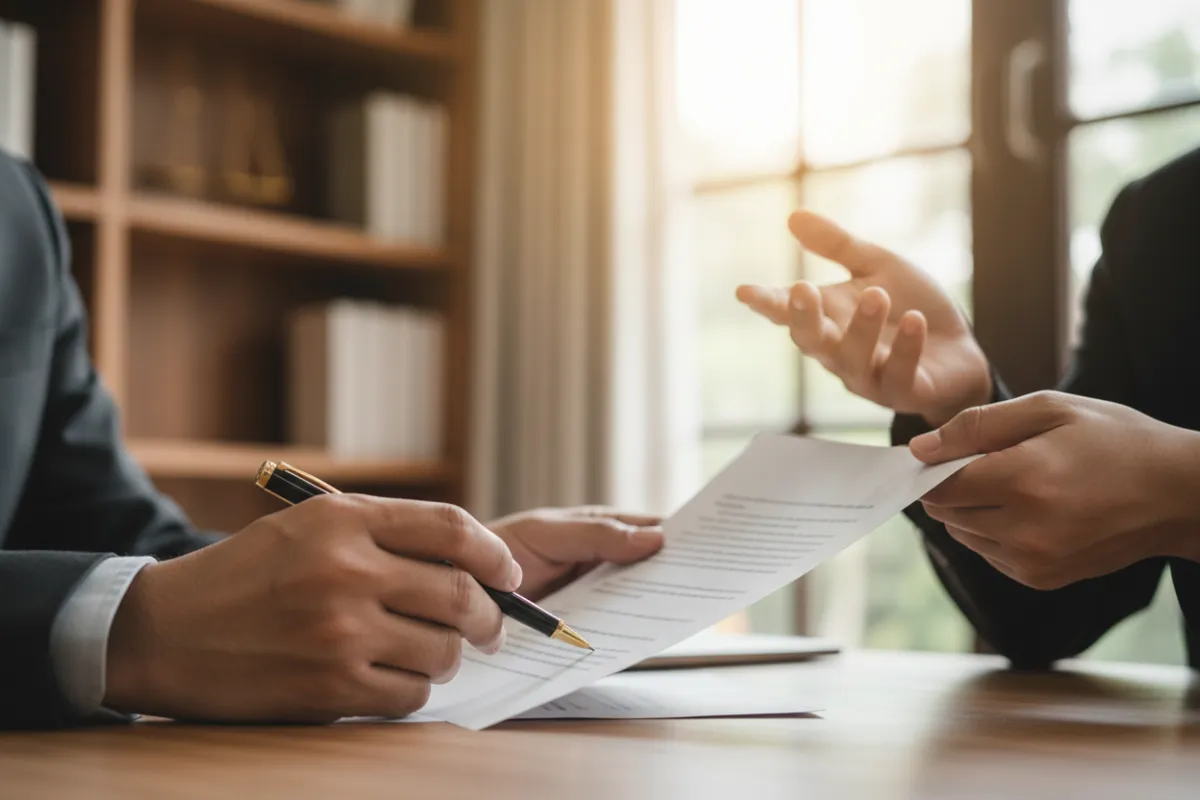 Close-up of hands signing a consent form with a lawyer nearby, soft warm lighting, shallow depth of field, photorealistic, emphasizes careful review and client empowerment.