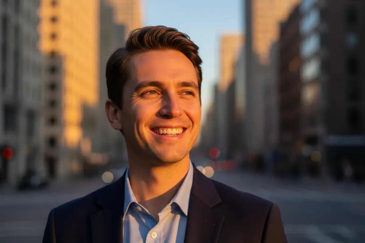 Portrait of a confident person smiling after resolution, outdoor city backdrop out of focus, golden-hour lighting, photorealistic style, communicates relief and regained confidence.