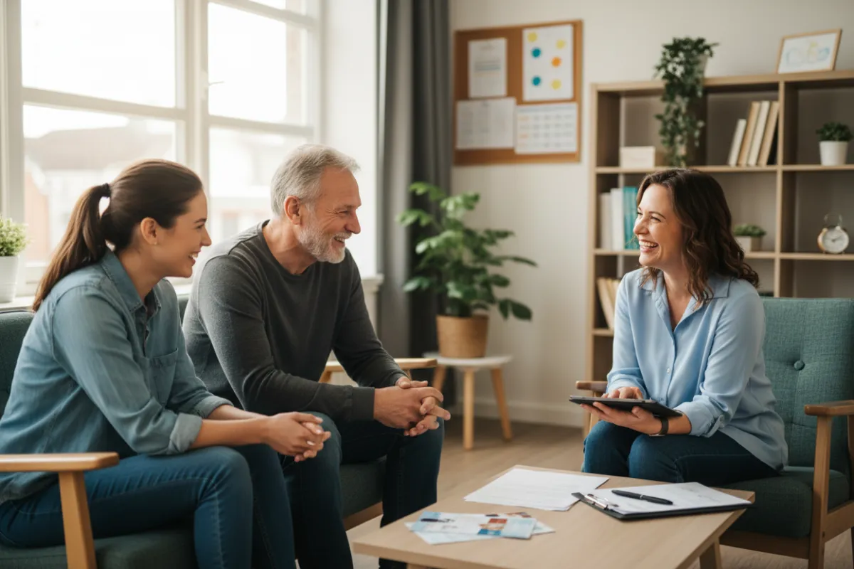 Three smiling consumers in conversation with an intake specialist at a community legal clinic; bright natural window light, candid photorealistic composition, emphasis on approachability and trust, variety of ages and ethnicities present.