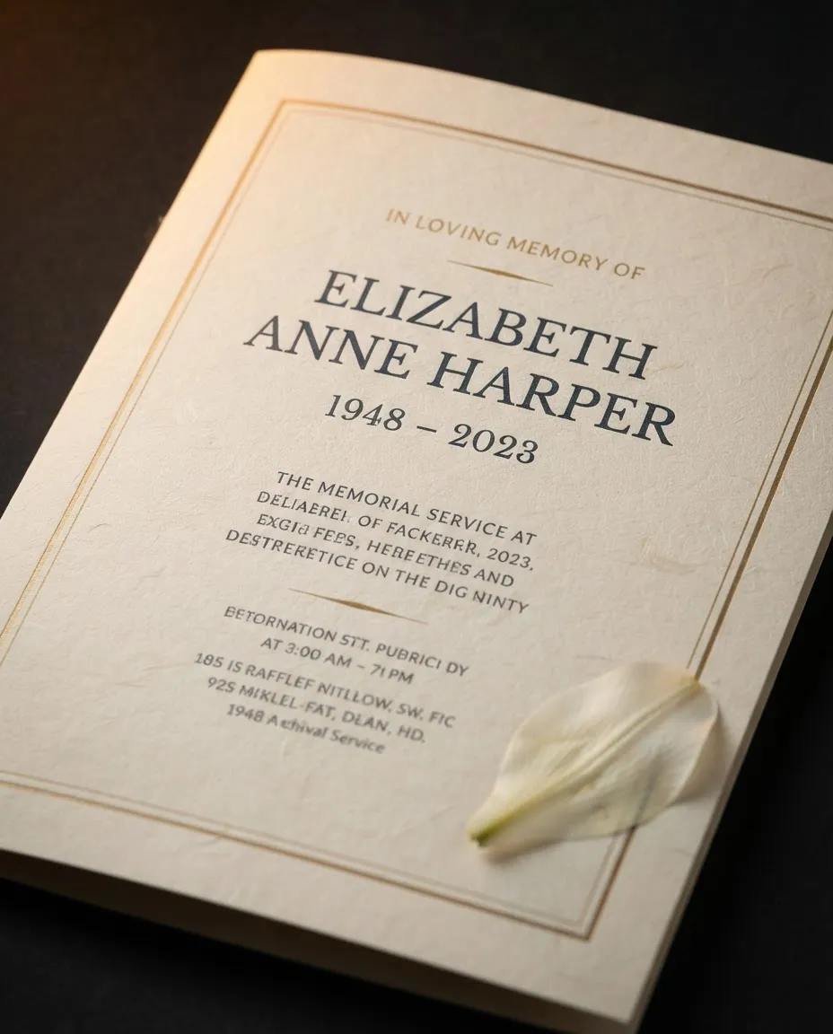 Elegantly formatted funeral program booklet with warm archival texture and classic typography