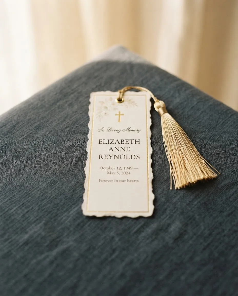Set of laminated memorial bookmarks featuring serene nature imagery, gold border accents, and poem verses